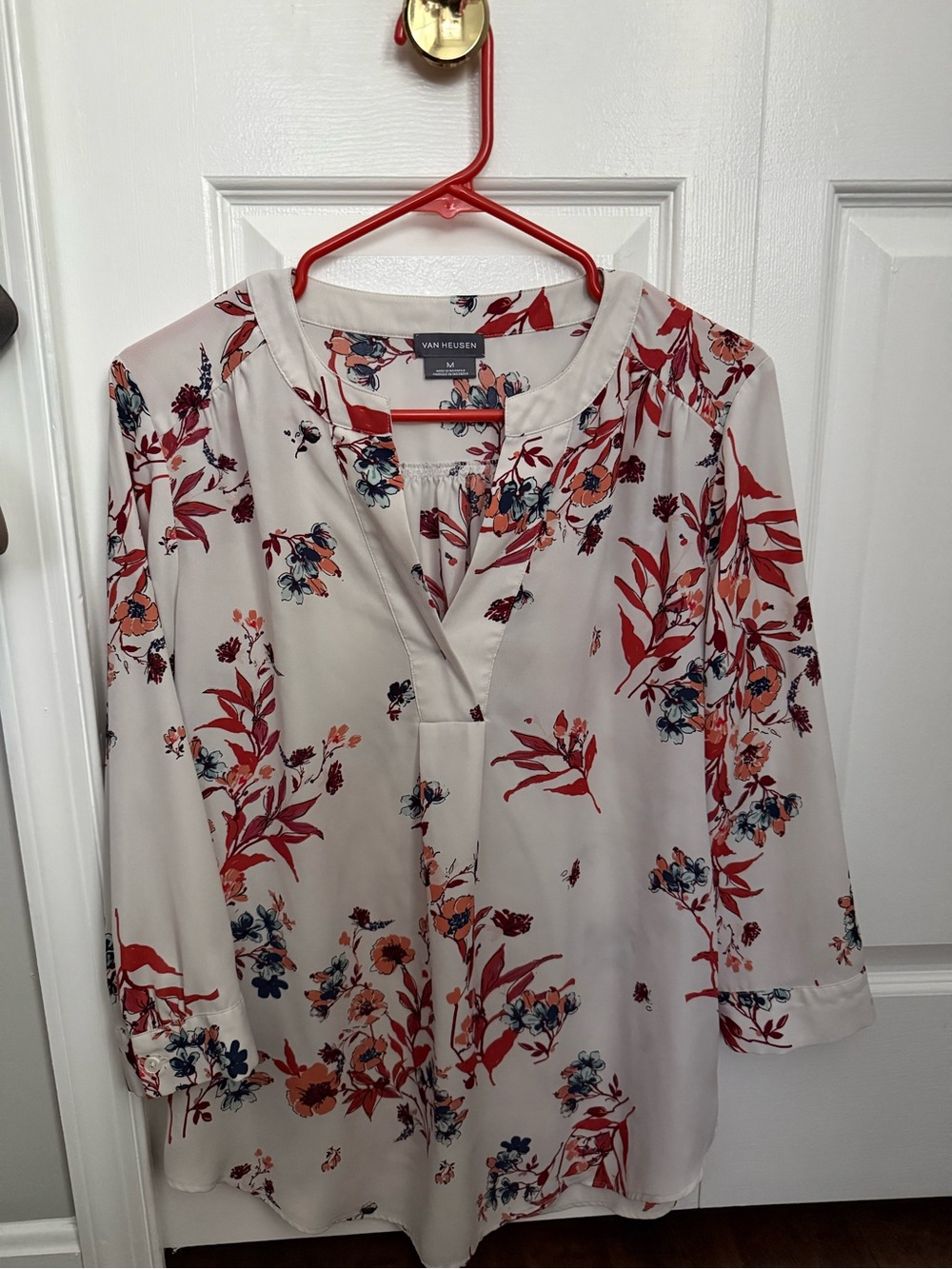 Van Heusen Cream Floral Button-Down Blouse with Red and Navy Accents